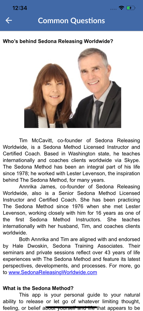 iRelease Relieve Stress Now - Common Questions screen in the iRelease app featuring a photo and biographies of founders Annrika James and Tim McCavitt
