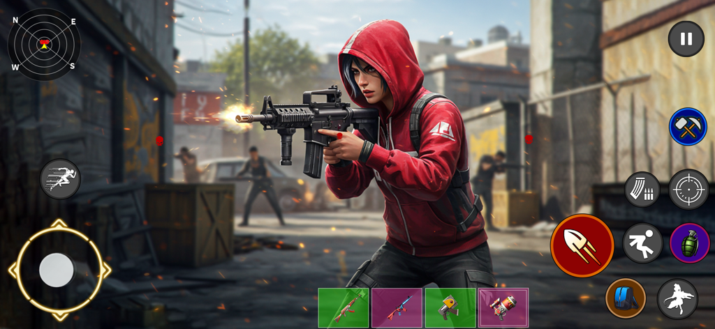 Jugabilidad móvil de una operaria con capucha roja disparando un rifle en Cover Fire Max Battlegrounds