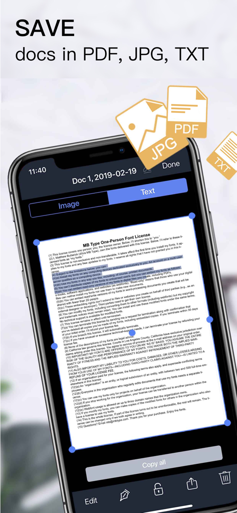 Smartphone-Bildschirm, der das Scannen von Dokumenten mit Optionen zum Speichern als PDF, JPG oder TXT zeigt
