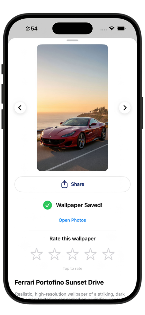 WallpaperHost: 4K Wallpapers - WallpaperHost app screen displaying a saved red Ferrari Portofino sunset wallpaper and rating options