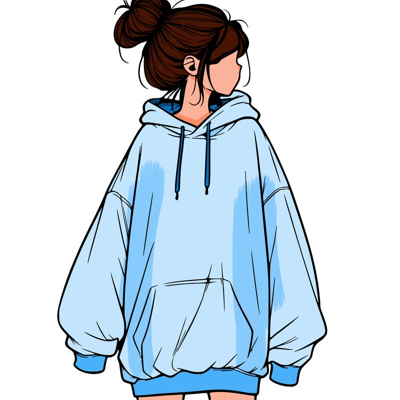 realistic girl with a oversized sweatshirt on and a bun