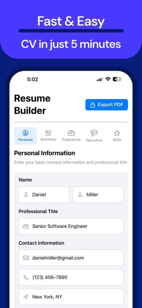 CV Maker - PDF + LaTeX - Mobile app screen showing personal information fields in a resume builder for a senior software engineer.