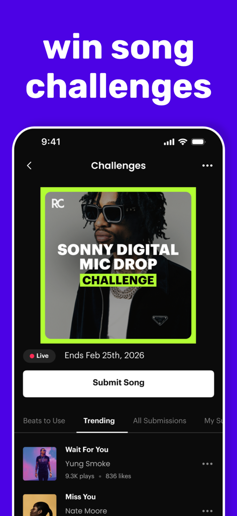 音楽チャレンジとトレンドの楽曲提出を表示するRapchatアプリの画面。
