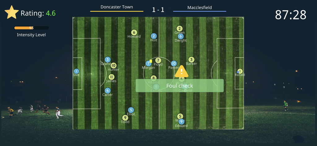 Football Referee Lite - Soccer referee game interface showing a pitch view and foul check alert