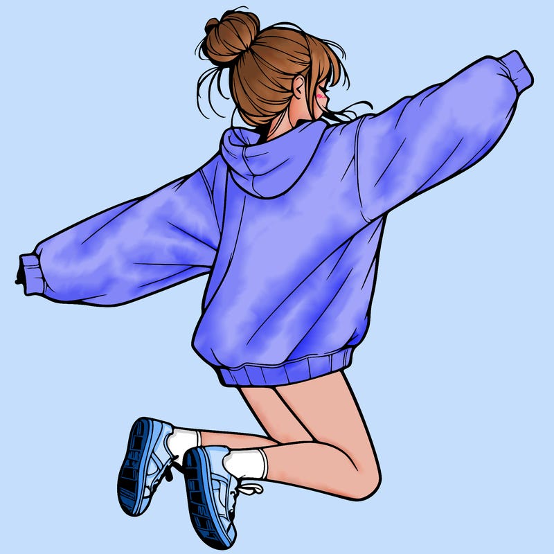 realistic girl jumping with a bun and oversized sweatshirt