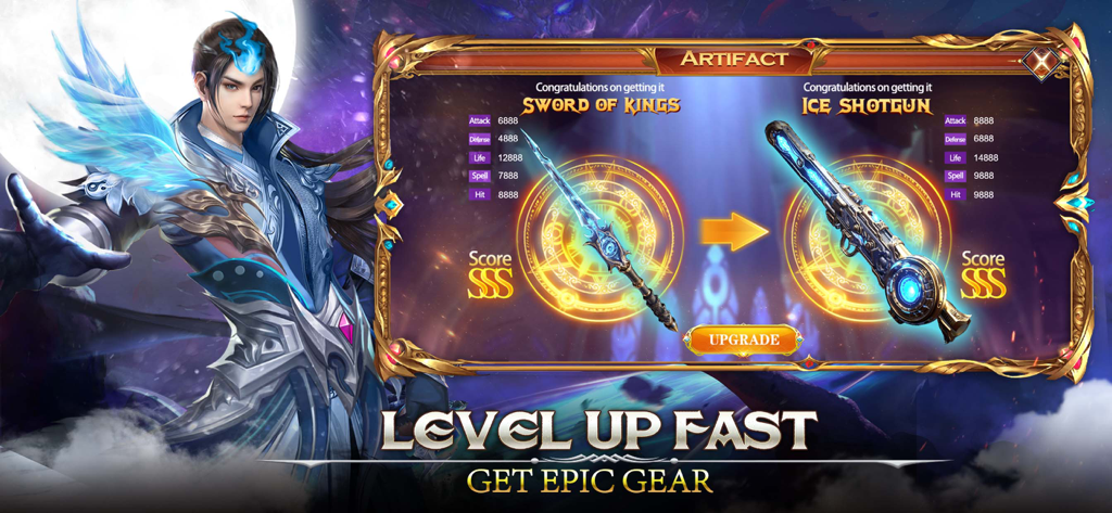 Light of Chaos - Menu de artefatos em Light of Chaos mostrando atualizações de equipamento épico Espada dos Reis e Espingarda de Gelo com classificações SSS