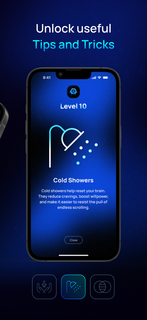 Pushscroll Screen Time Control - Schermata dell'app Pushscroll che mostra un consiglio di auto-miglioramento su come le docce fredde aiutano a ridurre le voglie di tempo sullo schermo.