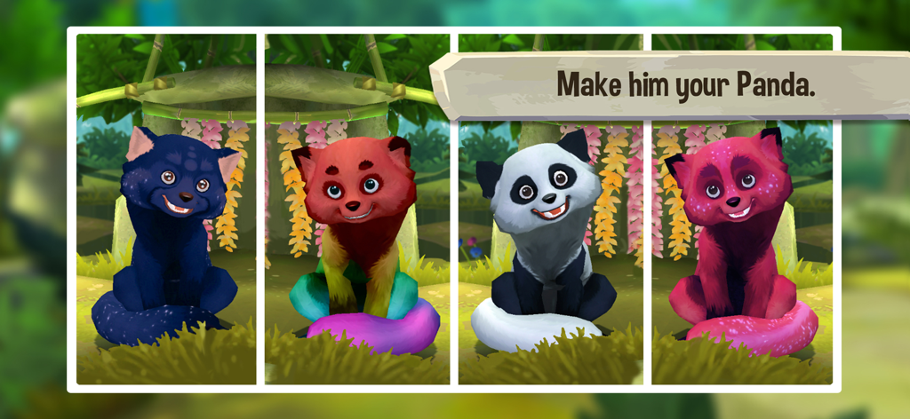 Pet World: My Red Panda - A selection of four colorful red panda skins including rainbow and starry patterns in the Pet World My Red Panda game.