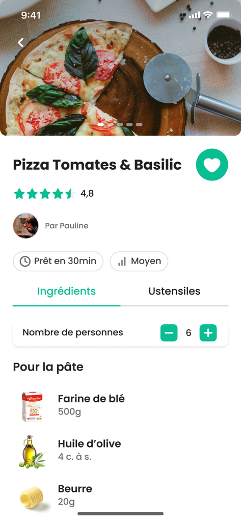Page de recette de pizza tomate et basilic sur l'application 750g, avec les ingrédients et les détails de préparation.