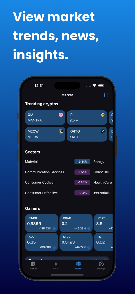 Bitfolio app interface showing market trends, trending cryptocurrencies, and sector performance