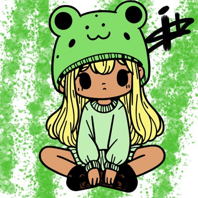 a girl wearing a frog hat and some frog socks