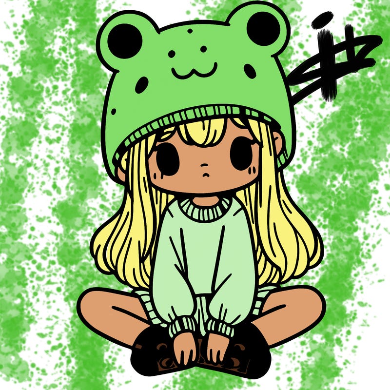 a girl wearing a frog hat and some frog socks