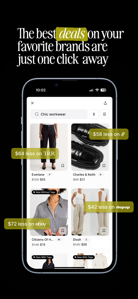 Beni app interface showing price savings on secondhand fashion items from multiple marketplaces