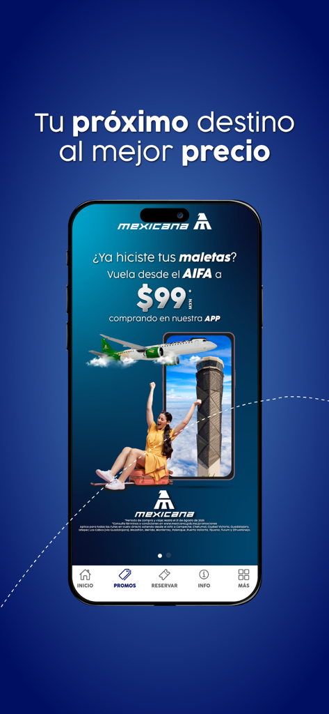 Mexicana - Mexicana mobile app showing a flight promotion from AIFA airport for 99 pesos.