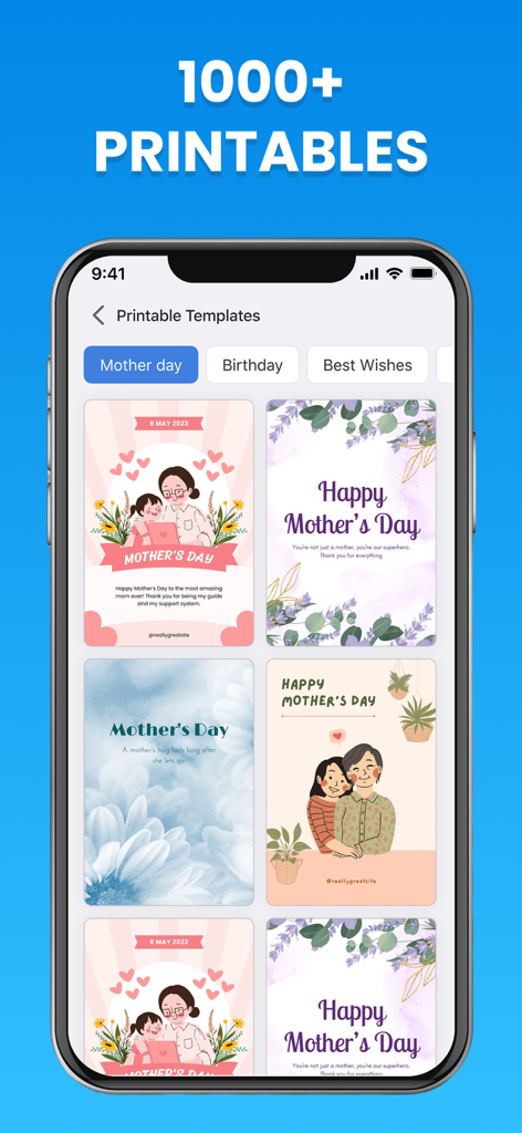 Mobile Print:Scanner & Printer - Pantalla de la aplicación móvil mostrando varias plantillas de tarjetas de felicitación imprimibles para el Día de la Madre.