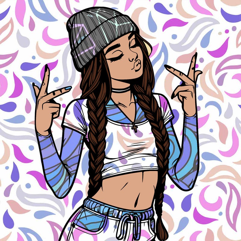 realistic teenage girl with braids and a beanie and crop top doing 🫶🏼