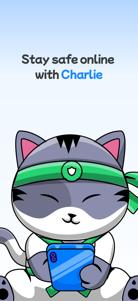 Karate Cat mascot Charlie holding a smartphone for Mobile Shield Safe Browsing
