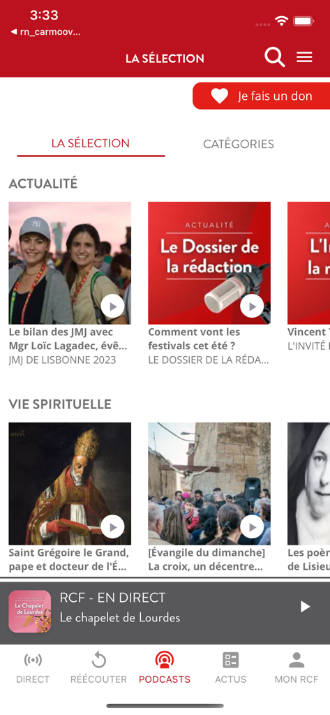 RCF - Info, Podcast, Culture - Interface de l'application radio RCF montrant une sélection de podcasts d'actualités et de vie spirituelle en français