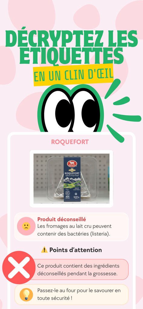 Bien Manger Enceinte - Scanner - Screenshot of a pregnancy app warning against eating raw milk cheese like Roquefort