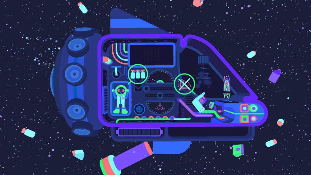 GNOG - A vibrant cross section of a neon spaceship head with interactive buttons and dials in a starry space background.