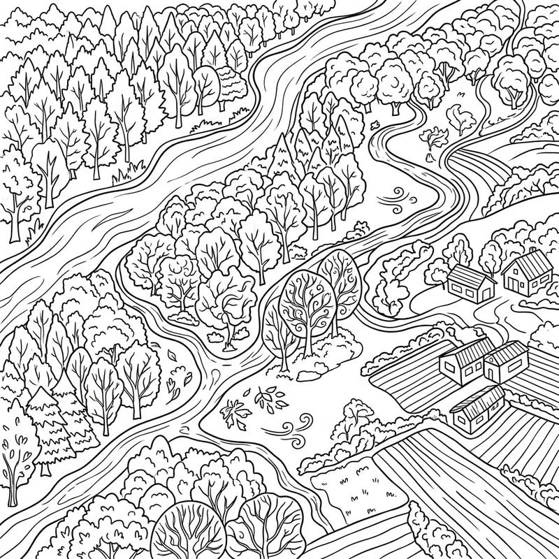 Soar above a stunning autumn landscape with this unique aerial view coloring page. Unleash your creativity by bringing the rich, warm colors of fall to life from a bird's-eye perspective.