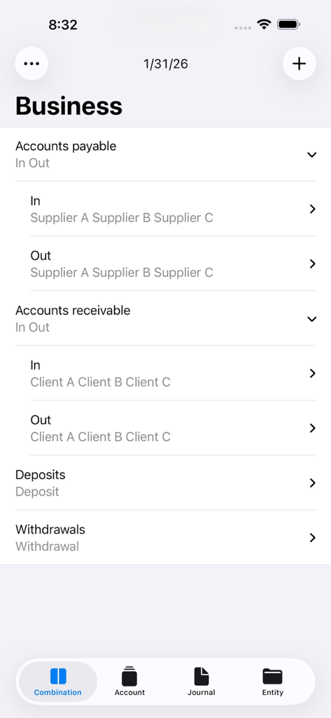 Mobile interface of Double-Entry Bookkeeping showing business account categories for payables and receivables