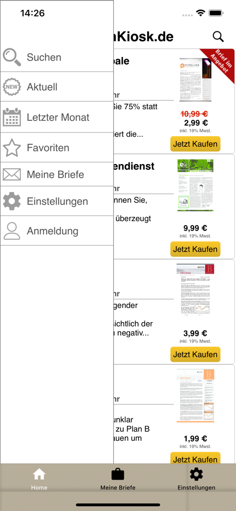 BoersenKiosk - BoersenKiosk-App-Oberfläche mit Seitenmenü und Liste der Finanzberichte