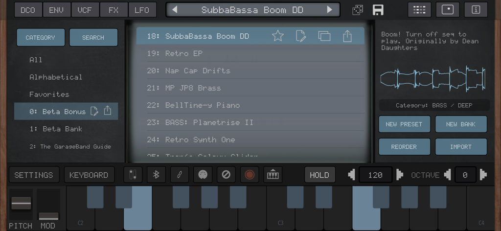 AudioKit Synth One J6 app interface showing the preset sound library and waveform visualizer
