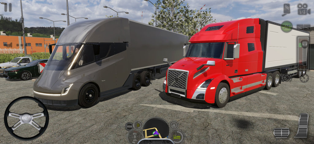 Truck Simulator USA Revolution - Un prototipo eléctrico gris y un camión semirremolque rojo estacionados en Truck Simulator USA Revolution