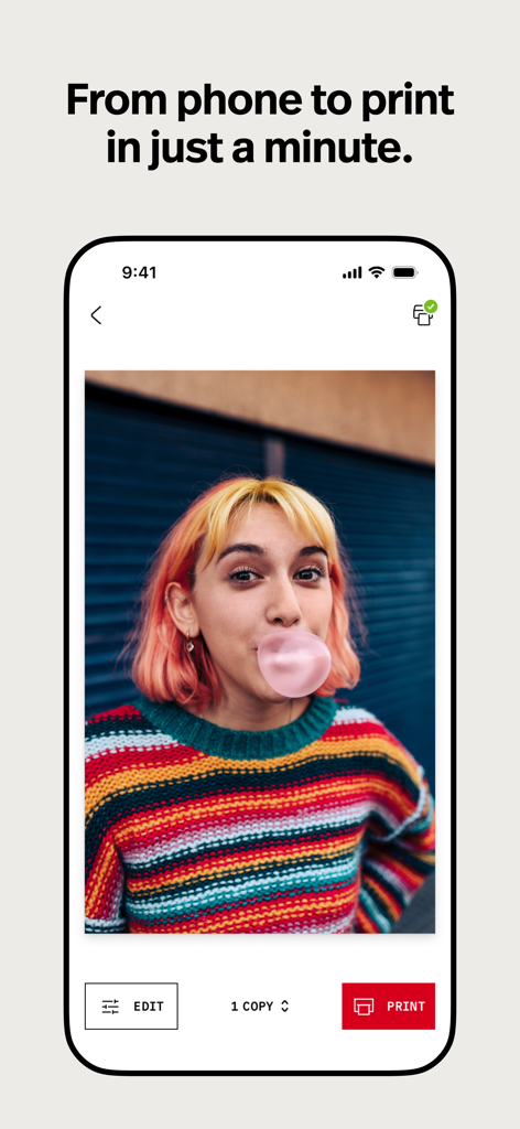 Polaroid Hi-Print mobile app interface showing a photo of a young woman ready for instant printing