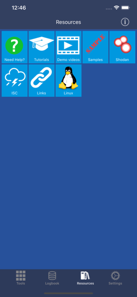 Network Toolbox Net security - La pestaña de recursos de la aplicación Network Toolbox muestra enlaces a tutoriales, integración Shodan y guías de Linux
