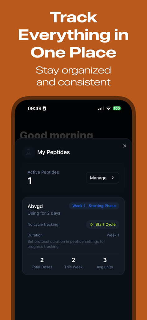 Peptide-Tracker - Peptide-Tracker app dashboard displaying active peptide cycles and dose tracking statistics