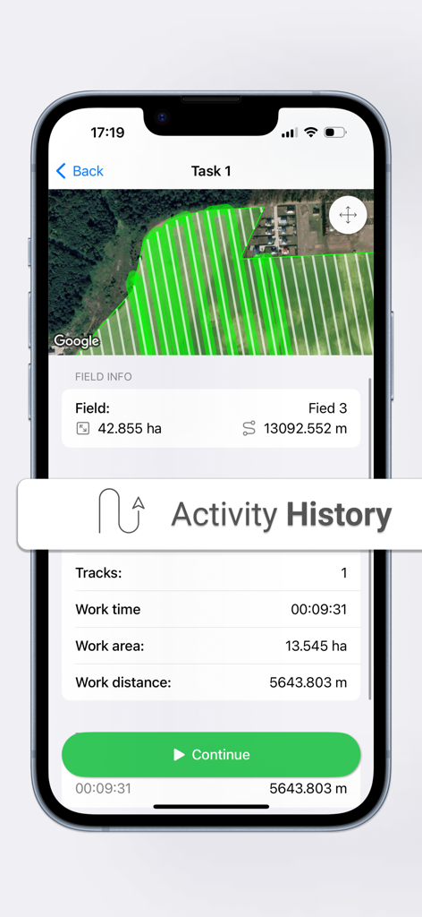 Field Navigator: Tractor GPS - Activity history screen of the Field Navigator app displaying tractor work time, area, and distance on a GPS field map.