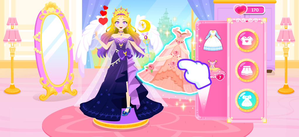 Cocobi Princess Party -Dressup - Un personaje de princesa con un vestido morado eligiendo entre diferentes vestidos reales en el menú del juego Cocobi Princess Party.