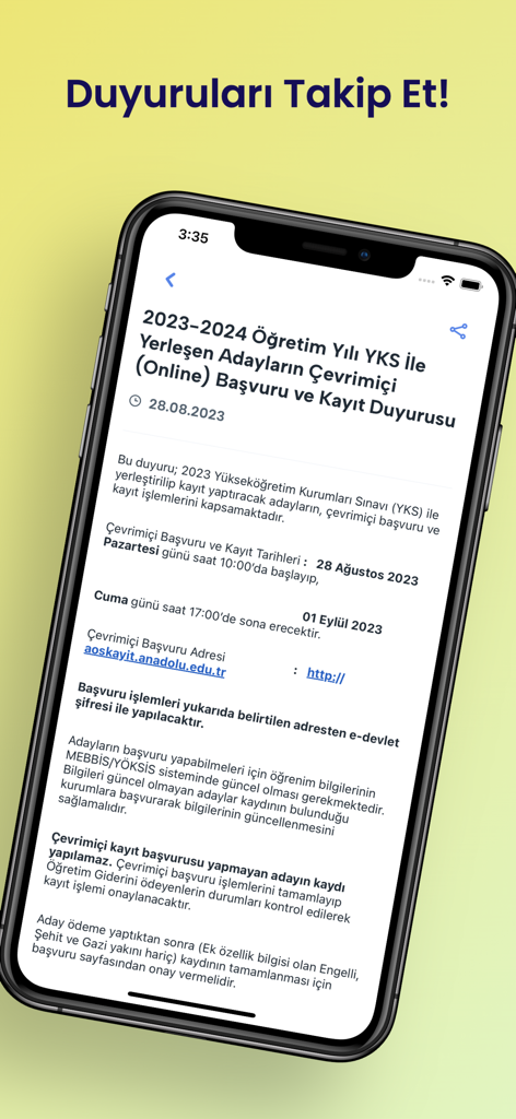 AÖF Soru - AÖF Soru mobile app displaying academic registration announcements for Turkish university students