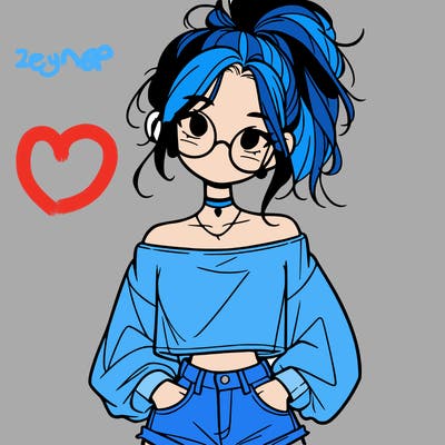 girl with a messy ponytail glasses a baggy crop top and jean shorts