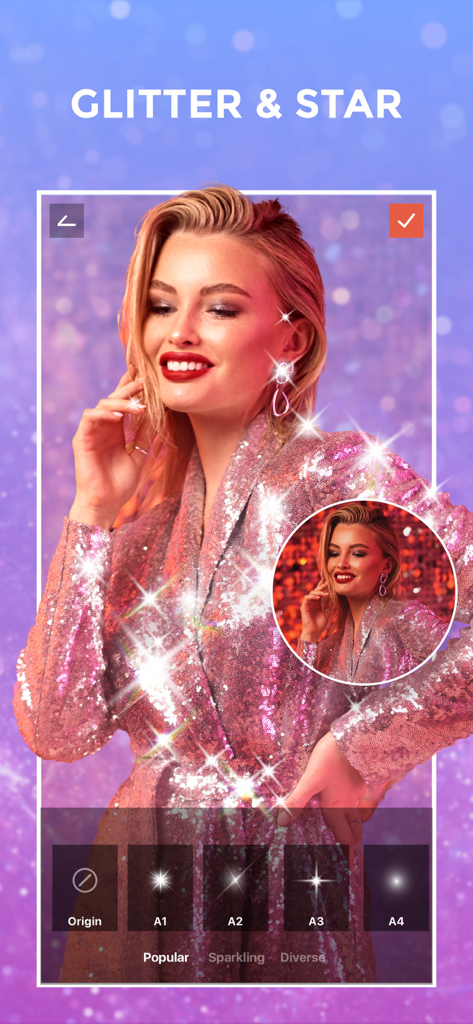FilterRoom - Face Editor - FilterRoom app interface showing glitter and star effects on a portrait photo