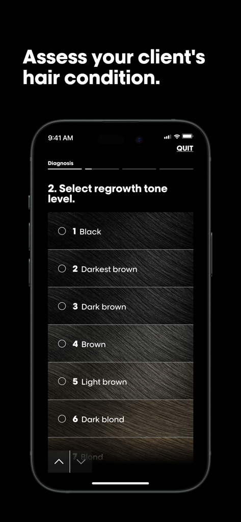 My Hair [iD] - A digital hair diagnosis tool showing a list of hair regrowth tones for professional consultation