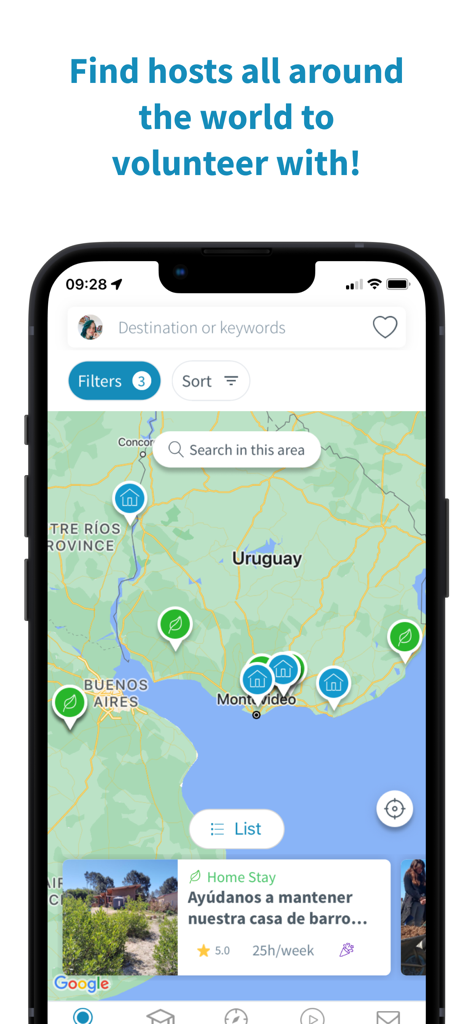 Worldpackers app screenshot showing a map with volunteer opportunities in South America