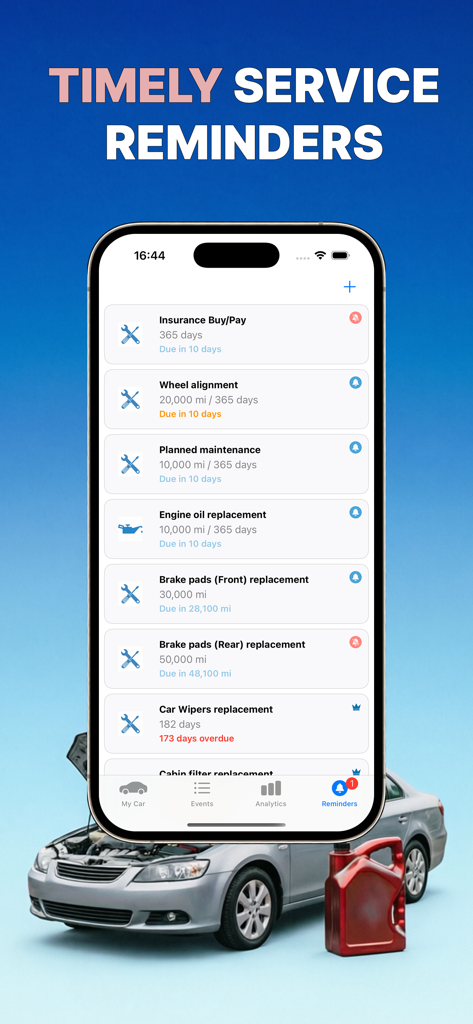 A mobile app interface displaying a list of car service reminders including engine oil replacement and brake pad checks.