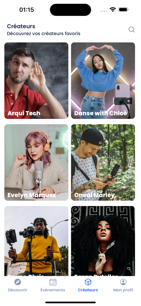 Vivastream - A mobile interface from the Vivastream app displaying a grid of featured content creators with their names and profile photos.