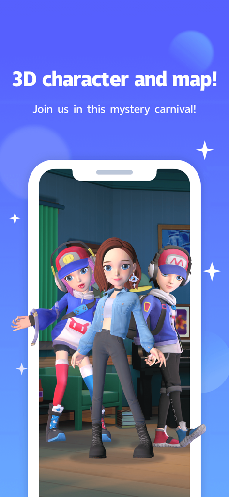 WeParty - Voice Party Gaming - Three 3D animated avatars standing in a virtual room showcasing WeParty characters and environments.