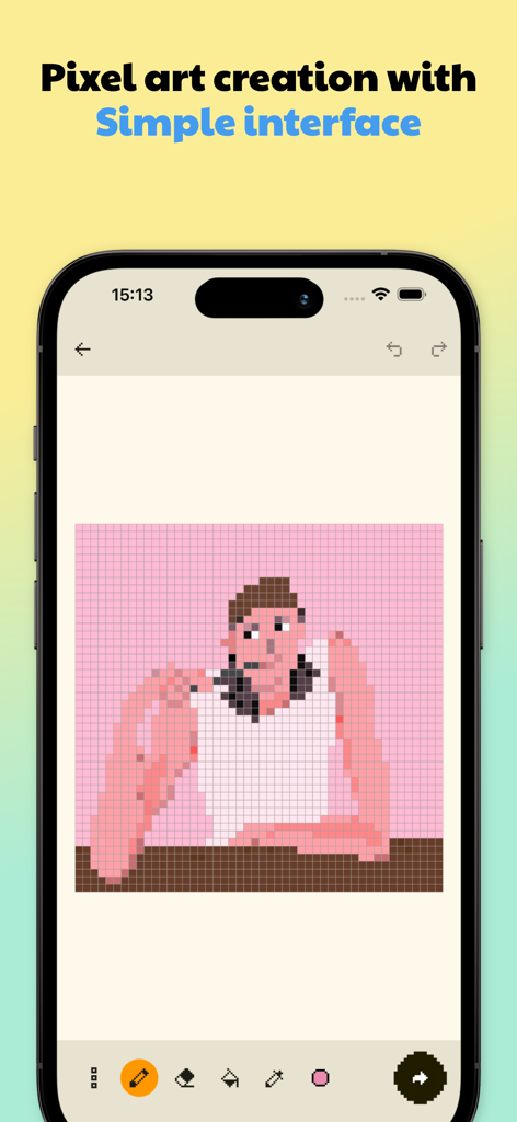 Dot Lab - Perler beads pattern - Smartphone screen showing the Dot Lab app interface with a pixel art character on a grid canvas and drawing tools