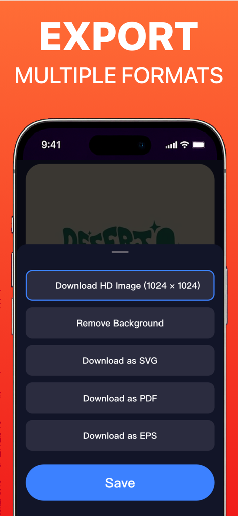 Logo Maker: AI Design Lab - Mobile app interface showing multiple logo export options including HD image SVG PDF and EPS