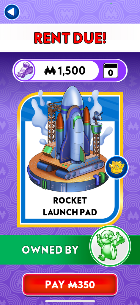 Pantalla de pago de alquiler de Monopoly App Banking para la propiedad "Lanzador de Cohetes"