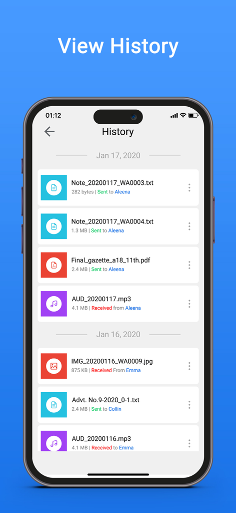 Pantalla de historial de la aplicación Share que muestra una lista cronológica de archivos y medios enviados y recibidos.