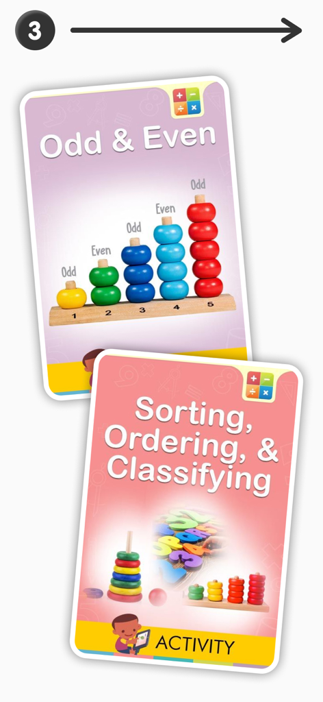 Educational flashcards for first grade math topics including odd and even numbers, sorting, ordering, and classifying.