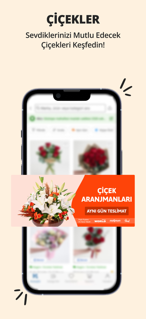 Ciceksepeti app interface showing fresh flower arrangements and same day delivery options in Turkey