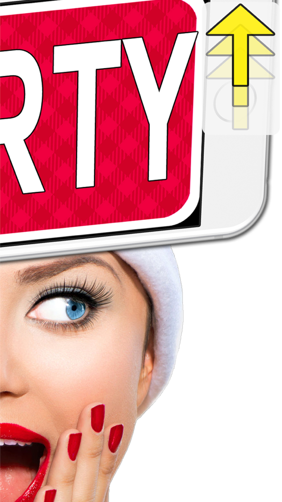 A woman playing the Charades Up party game holding a smartphone to her forehead showing the word Party