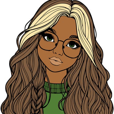 girl with long hair and freckles and glasses realistic